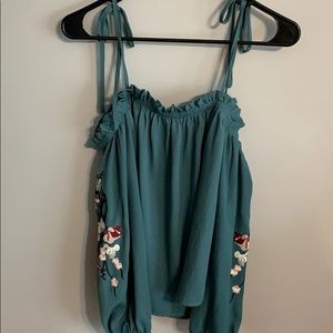 Teal embroidered off the shoulder top